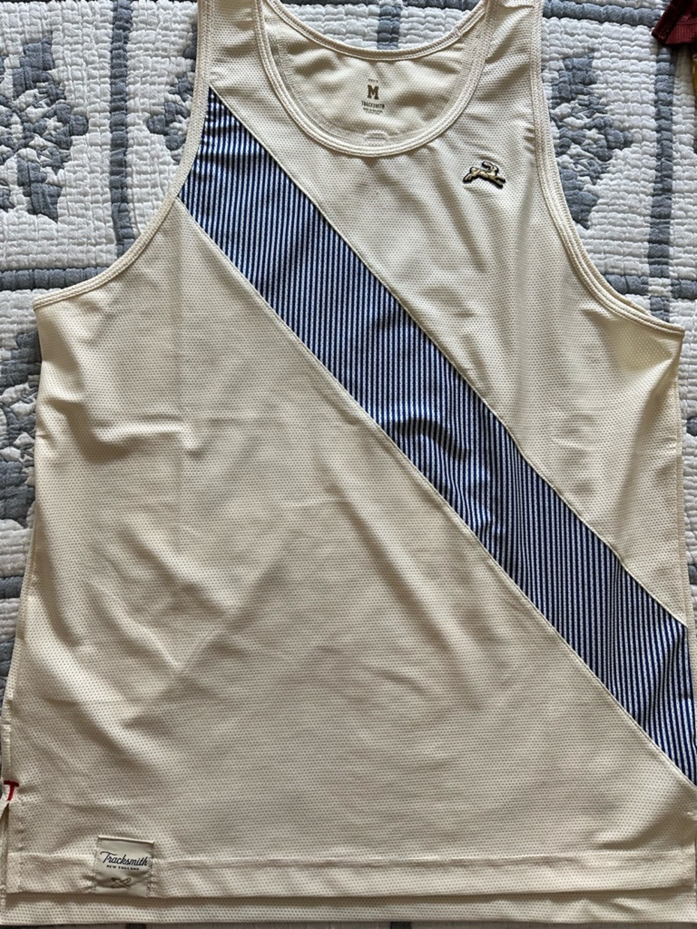 Tracksmith Cream Tank with Navy Diagonal Stripe men size medium